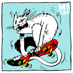 Naklejka premium Image of a white cat on a red snowboard. Calligraphy. Color vector illustration. Can be used in social networks, for articles, publications, postcards, prints, posters.