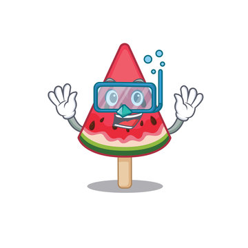 A cartoon picture featuring watermelon ice cream wearing Diving glasses