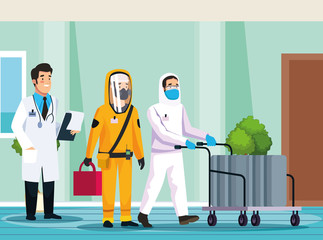 biohazard cleaning persons with doctor characters