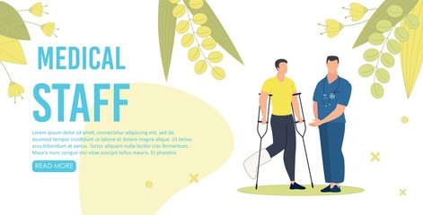 Medical Staff for People with Disabilities Trendy Flat Vector Web Banner, Landing Page Template. Male Doctor Controlling Treatment, Healing Process of Injured Man with Broken Leg Bone Illustration