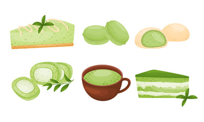Green Mochi Cakes and Sweet Pastry with Tea Poured in Cup Vector Set