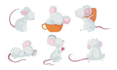 Cartoon Mouse Character with Long Pink Tail Crying and Sleeping in Big Cup Vector Set