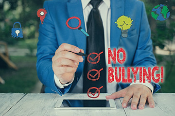 Conceptual hand writing showing No Bullying. Concept meaning stop aggressive behavior among...