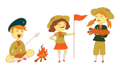 Kids Scouts Starting Fire and Carrying Flag Vector Illustrations Set