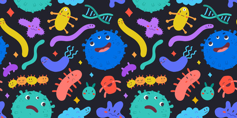 Coronavirus pattern, various kinds of viruses under microscope, cute cartoon characters, covid-19 round viruses, seamless vector background, colorful doodle illustrations