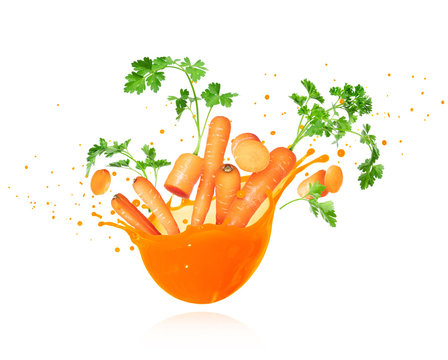 Whole And Sliced Carrots In Splash Of Fresh Juice On A White Background