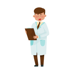 Young Man Doctor in Medical Uniform Standing and Holding Clip Board Vector Illustration