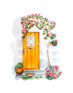Watercolor painting of Vintage old door sketch art illustration