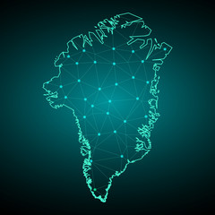 Map of Greenland from Polygonal wire frame low poly mash, contours network line, luminous space stars, design sphere, dot and structure. Vector Illustration EPS10. - Vector