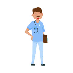 Dark Haired Man Doctor with Moustache and in Medical Uniform Standing and Holding Clip Board Vector Illustration