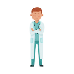 Young Man Doctor with Stethoscope and in Medical Uniform Folding His Arms on the Chest Vector Illustration