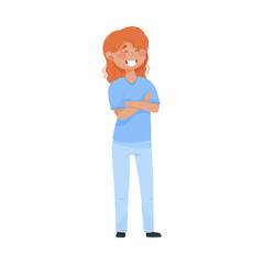 Red-haired Woman Doctor in Medical Uniform Standing with Her Arms Folded on the Chest Vector Illustration