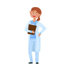 Obraz na płótnie Canvas Woman Doctor in Medical Uniform Standing with Clip Board Vector Illustration