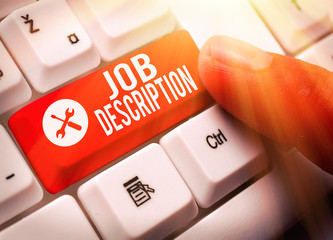 Text sign showing Job Description. Business photo showcasing a formal account of an employee...