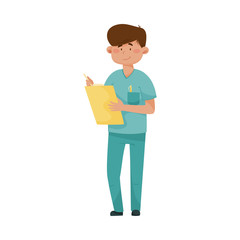 Young Man Doctor in Medical Uniform Standing and Holding Clip Board Vector Illustration