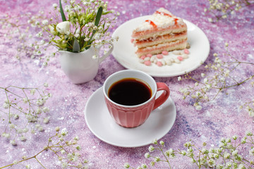 Italian tuscan traditional cookies cantuccini with almonds ,a cup of coffee on light background,top view