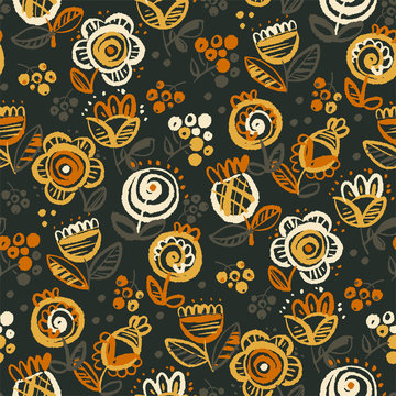 60s vibes orange on black floral seamless pattern