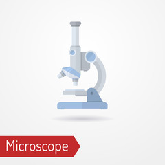 Typical modern scientific laboratory microscope. Isolated tool in flat style. Medical, chemistry, pharmaceutical or microbiology magnifying instrument. Vector stock image.
