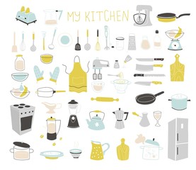 Kitchen doodle vector icon set. For modern recipe card template set for cookbook.