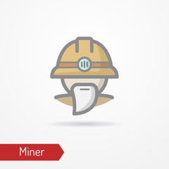 Typical simplistic miner face in professional helmet with light. Miner or digger head isolated icon in flat style with shadow. Profession vector stock image.