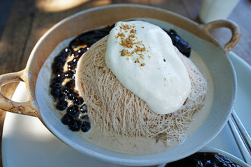 Close up Bubble Boba tea Bingsu (Bingsoo), Korean shaved ice dessert