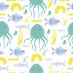 Marine life  seamless pattern vector illustration octopus, fish, seaweed.  Trendy flat style design seamless pattern stock vector illustration for wrapping paper, textile, wallpaper, textile