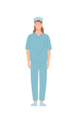 Smiling female nurse clinic employee standing isolated on white background. Happy cartoon woman doctor physician posing vector flat illustration. Medical staff in uniform