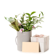Gifts for Mother's Day and blank card on white background