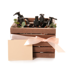 Wooden box with gifts for Mother's Day on white background