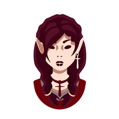 Cartoon flat image of a girl with two braids. Fantasy avatar. Flat illustration, character. Girl with dark red hair braided. Portrait. Creature. 
