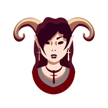 Cartoon flat image of a girl with horns and a cross. Fantasy avatar. Flat illustration, character. Girl with dark red hair braided. Portrait. Evil creature. 