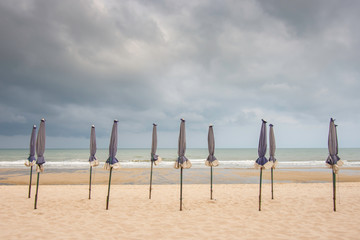 Many umbrellas on the sandy beach Background sea and black rain clouds.