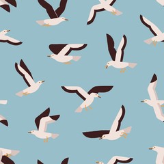 Cotton fabric Cartoon colorful flight marine bird seamless pattern. Atlantic seabird creature enjoying freedom on blue background. Flying seagull vector flat illustration. Polar north natural wildlife