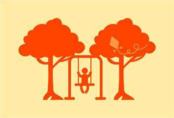 Bright Sunny day in a public Park. Autumn, summer. Kite. Stylized simple vector illustration of a child swinging on a swing. Isolated image of a Playground. A lonely child on the school Playground. Tr