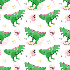 Fototapeta premium Green dinosaurs cute flat hand drawn cartoon vector seamless pattern, background, texture, wallpaper. Prehistoric elements. Ancient animals. Colorful design. Isolated on white background. 