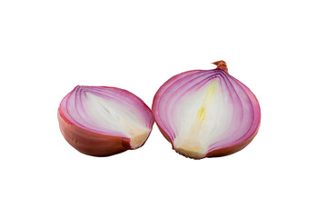 Shallots are cut in half and placed on a white ground.