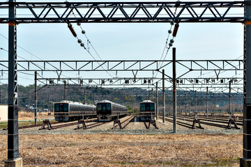 Naklejka premium Electric trains in a garage in Japan