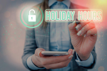 Word writing text Holiday Hours. Business photo showcasing Overtime work on for employees under...