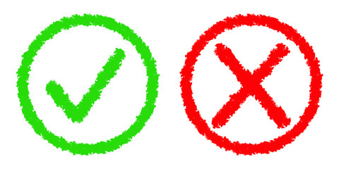 Green check mark and red cross on white background. Vector icons.