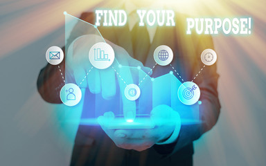 Text sign showing Find Your Purpose. Business photo showcasing reason for something is done or for...