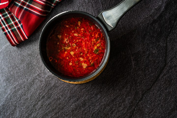 Traditional Russian Borscht Soup with Beetroot usually served with Sour Cream, Cheese or Yogurt / Borsch Beet.