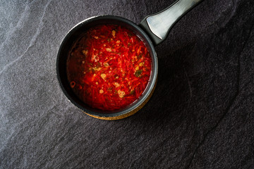 Traditional Russian Borscht Soup with Beetroot usually served with Sour Cream, Cheese or Yogurt / Borsch Beet.