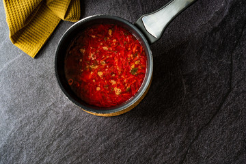 Traditional Russian Borscht Soup with Beetroot usually served with Sour Cream, Cheese or Yogurt / Borsch Beet.