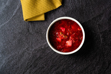 Traditional Russian Borscht Soup with Beetroot usually served with Sour Cream, Cheese or Yogurt / Borsch Beet.