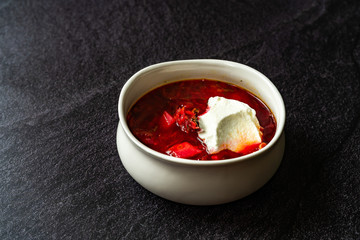 Traditional Russian Borscht Soup with Beetroot usually served with Sour Cream, Cheese or Yogurt / Borsch Beet.