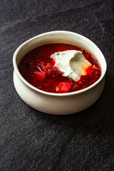 Traditional Russian Borscht Soup with Beetroot usually served with Sour Cream, Cheese or Yogurt / Borsch Beet.
