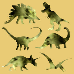 Silhouettes of dinosaurs in khaki on a yellow background