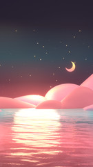 Cartoon peaceful ocean scene with yellow crescent moon in the sky. 3d rendering picture. (Vertical)