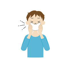 Illustration of a boy covering his mouth and nose with a handkerchief when coughing or sneezing