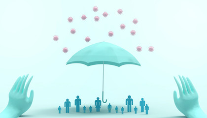 Protect Virus Pathogens and Concept umbrella Security of germs from contacting people and communities on Blue background - 3d rendering